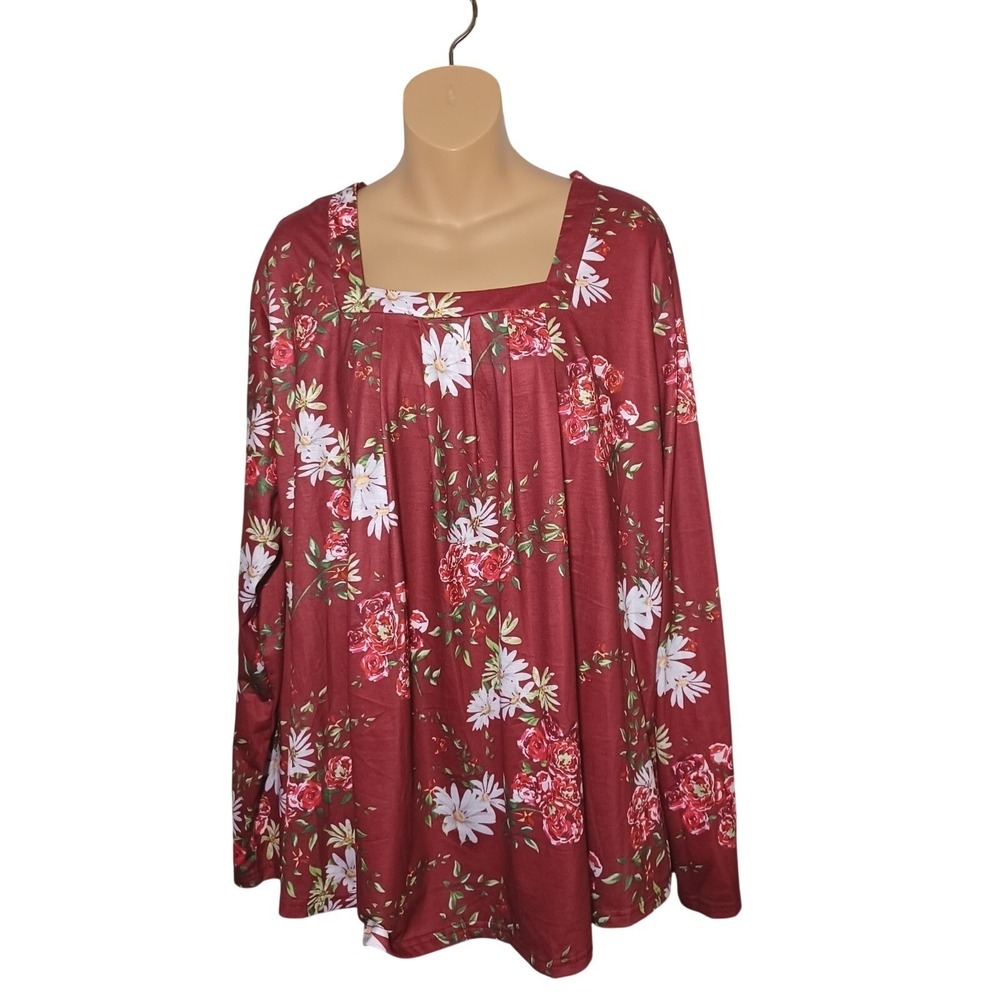 Floral Square Neck Flowy Tunic Blouse Burgundy L/S 2XL Rose Daisy Boho
